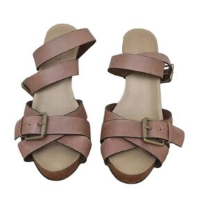 ME TOO Women's Tan Sandals Leather Straps Summer Chunky Heel Pump Up size 10
